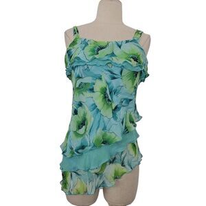 Y2K DressBarn Silk Cami Top Womens Small Teal Green Ruffle Tiered Asymmetrical‎